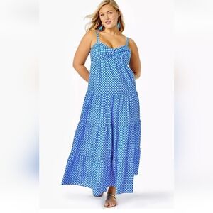 Lilly Pulitzer Shylee Boca Blue Double Checking Cotton Maxi Dress Size XL